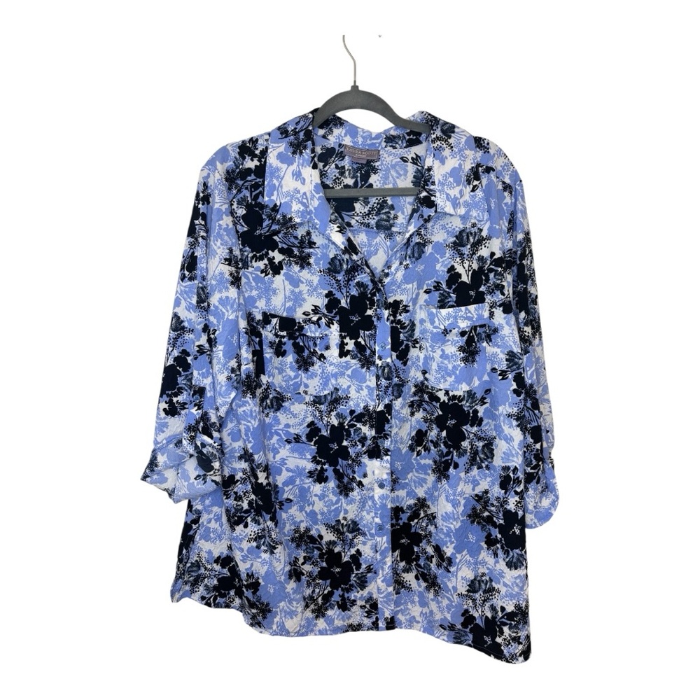 Laura Scott Blue Black Floral Button Down Blouse Vacation Resortwear 1X